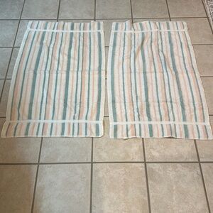 Pair of Caress Striped Vintage Towels in White, Peach, and Teal Cotton